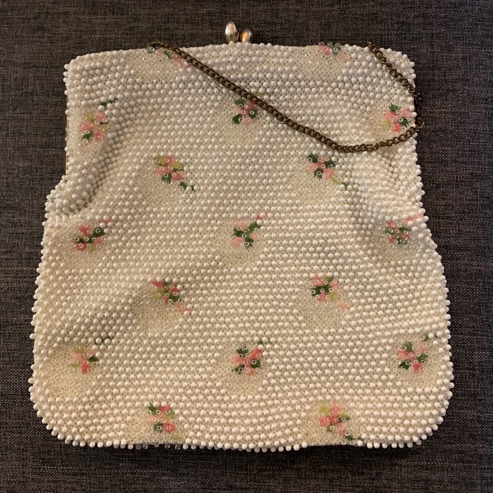 Vintage White, Pink & Green Beaded Bag
